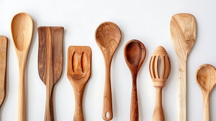 Collection of wooden spatulas and spoons displayed elegantly against a clean white backdrop, essential tools for any cook.