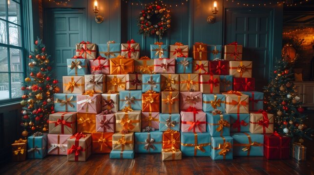 Create a festive focal point in your home with a towering display of stacked presents wrapped in colorful paper and