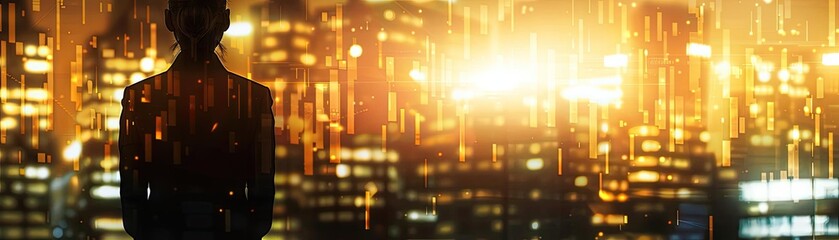 Fototapeta premium Silhouette of a person standing in front of a brightly lit cityscape at night, portraying a futuristic urban vibe with glowing skyscrapers.