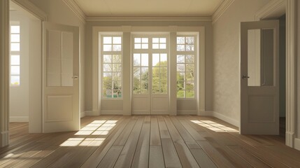 Obraz premium Simple Empty Room of a Nice House with Centered View, Capturing the Middle of the Room in a Clean, Minimalistic, and Modern Style, Perfect for Real Estate and Interior Design Inspiration