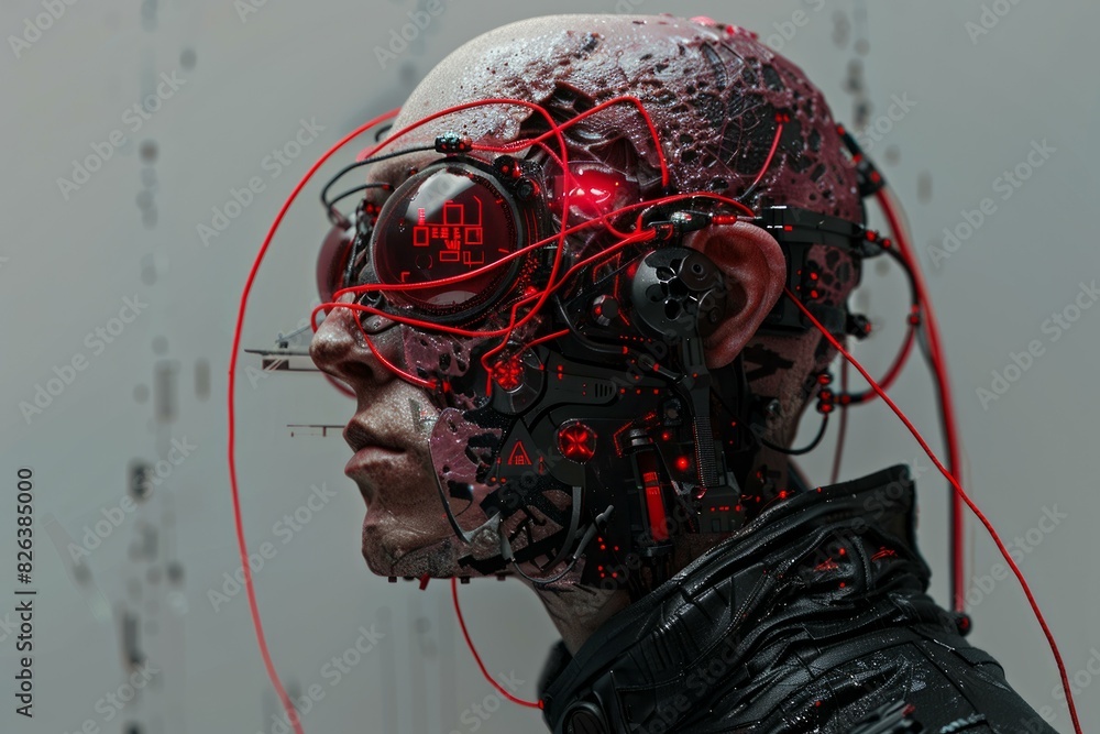 Poster closeup portrait of a futuristic cybernetic humanoid with glowing red artificial intelligence techno