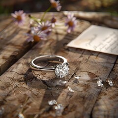 Radiant Diamond Ring Nestled Amidst Rustic Floral Accents and Handwritten Love Letter on Wooden Table