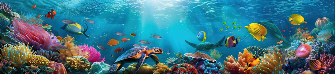 Fototapeta premium Coral Reef: An underwater scene of a vibrant coral reef, teeming with colorful fish, sea turtles, and waving sea anemones