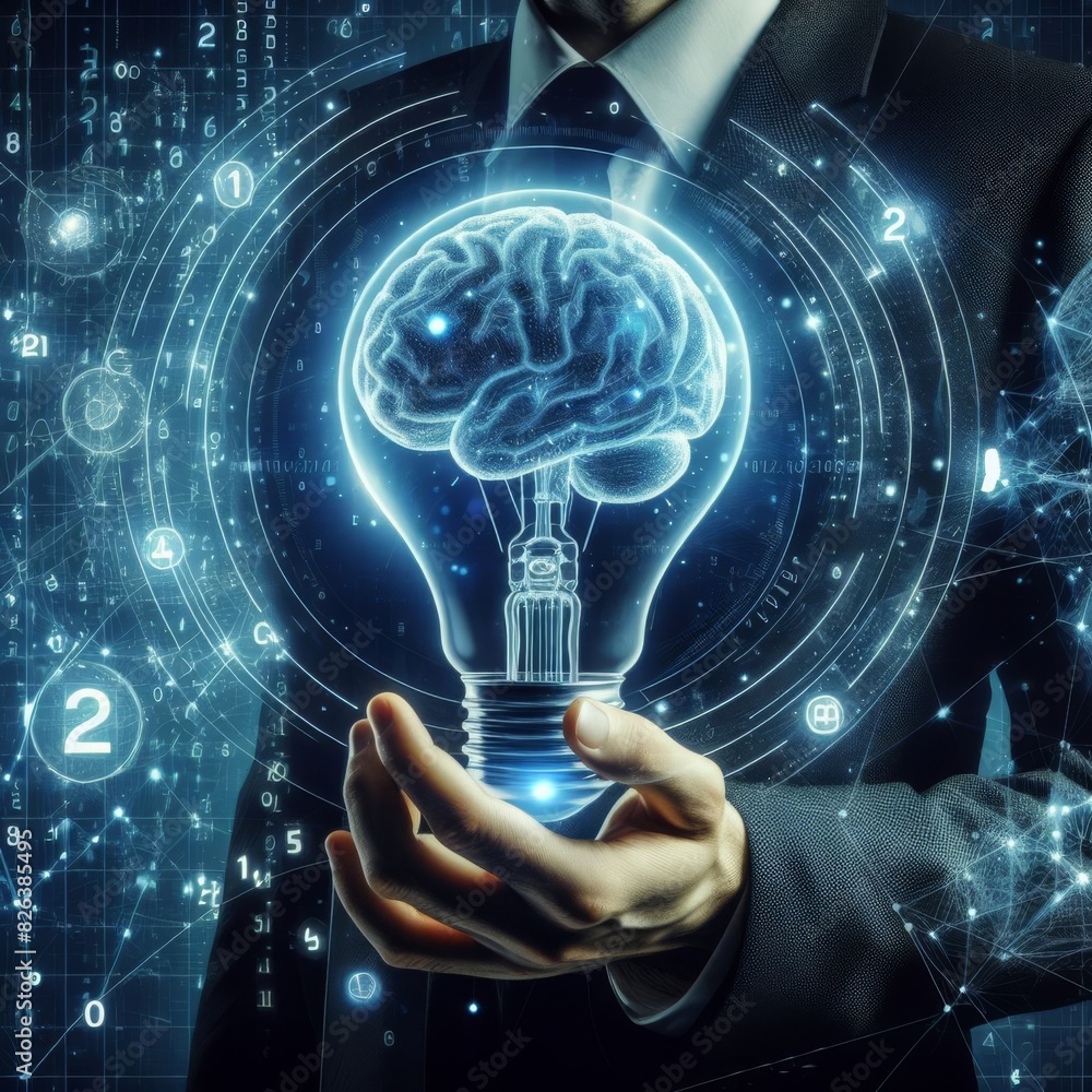 Poster a man in a suit holds a glowing lightbulb with a brain inside, symbolizing innovative ideas and cogn