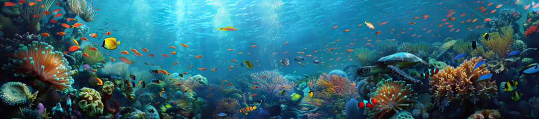 Coral Reef: An underwater scene of a vibrant coral reef, teeming with colorful fish, sea turtles, and waving sea anemones