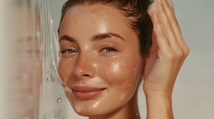 Naklejka premium Radiant Skincare Journey:A Model's Daily Ritual with Anti-Aging Facial Cleanser