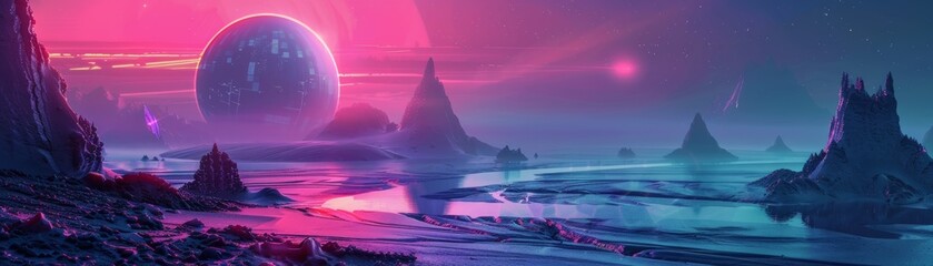 Futuristic landscape, holographic elements, neon hues, sci-fi world