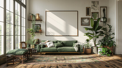 Spacious living room with a white sofa, green plants, and wooden furniture, modern design