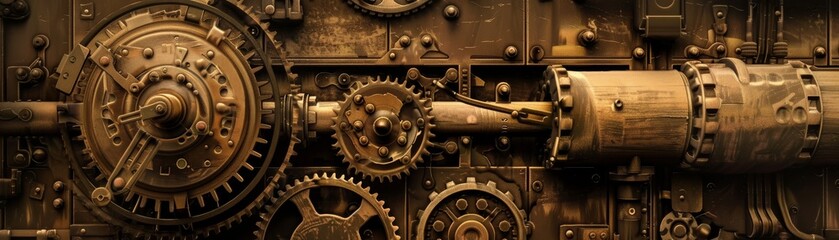 Steampunk machinery, sepia tone, intricate details, vintage tech