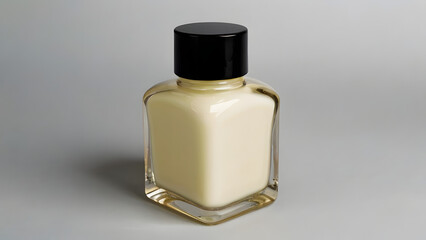 Small bottle of cream jar of cream in glass close up on a neutral background