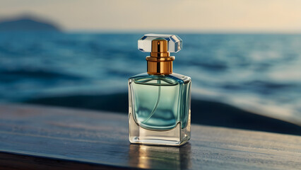 Bottle of perfume with a gold cap, an interesting cut of glass, stands against the backdrop of the ocean sea breeze