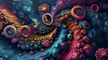 Musical treble clef on a colorful abstract watercolor background.