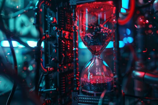 Innovative and futuristic hourglass with cyber neon lights and intricate circuitry amidst advanced technology and virtual reality concept
