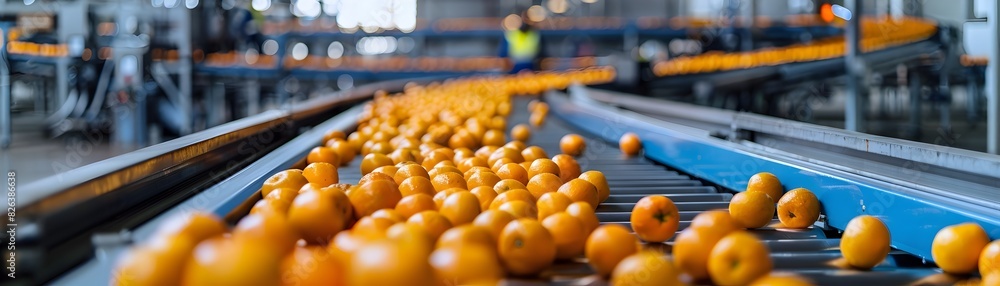 Poster automated fruit processing plant with conveyor belts sorting and packaging products for efficient in