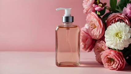 Bottle for cosmetic products with a dispenser in light colors stands on a pink background. on the right side is a bouquet of peonies