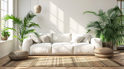 Spacious living room with a white sofa, green plants, and wooden furniture, modern design