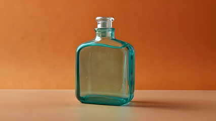 Bottle for cosmetic products for aromatic oils and massage oils made of colored glass stands on an orange background bright background