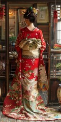 Naklejka premium A woman wearing a red kimono with floral patterns and a golden obi