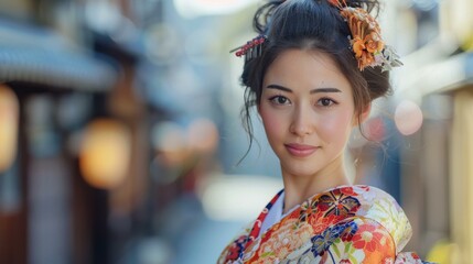 Naklejka premium Portrait of a beautiful Japanese woman in traditional kimono