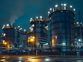 Illuminated Chemical Production Facility at Nightfall Industrial Manufacturing Concept