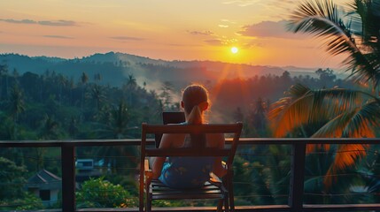 Young woman working on laptop while sitting in wooden chair at sunset, remote work concept.