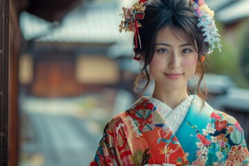 Fototapeta premium Portrait of a young woman in a kimono smiling