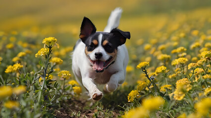 A small white dog a small and fat dog with black ears smiles and runs along the blooming poles with yellow flowers