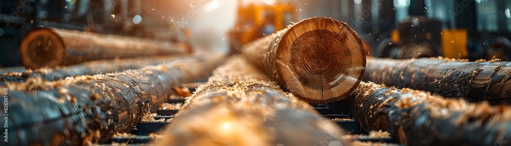 Poster modern sawmill timber processing with cutting and sorting machinery