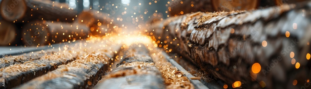 Poster modern sawmill processing timber and logs through cutting and sorting
