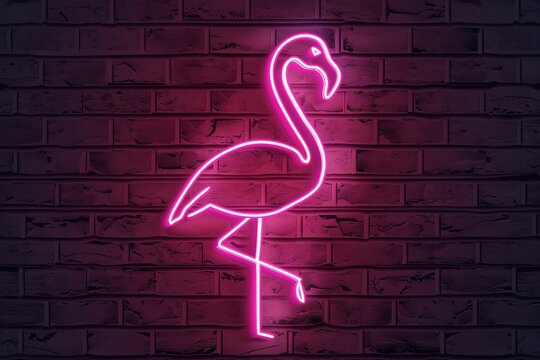 A neon pink lamp in the shape of a flamingo hangs on a dark brick wall - Powered by Adobe