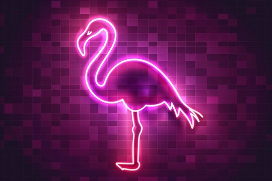 A neon pink lamp in the shape of a flamingo hangs on a dark brick wall - Powered by Adobe