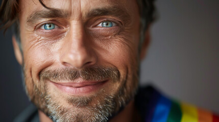 Handsome young man with pride movement LGBT Rainbow flag on shoulder against white background. Man with a gay pride flag looking at camera.