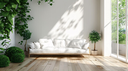 Spacious living room with a white sofa, green plants, and wooden furniture, modern design