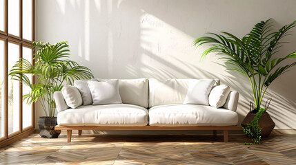Spacious living room with a white sofa, green plants, and wooden furniture, modern design