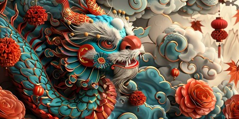 Obraz premium Majestic Chinese Dragon Gracing Auspicious Clouds