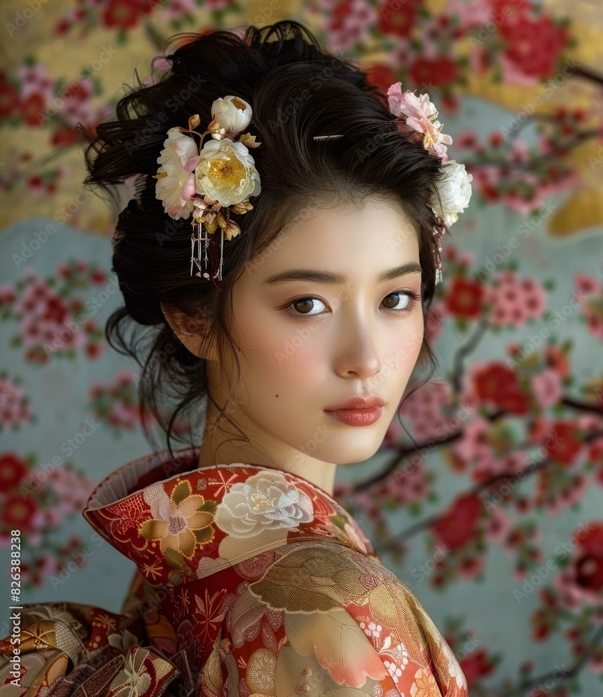 Wall mural Portrait of a young Japanese woman in traditional kimono with floral hair accessories