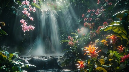 rainforest cascade: vibrant, exotic flowers growing around a small waterfall in a lush rainforest, with sunlight filtering through dense foliage. 