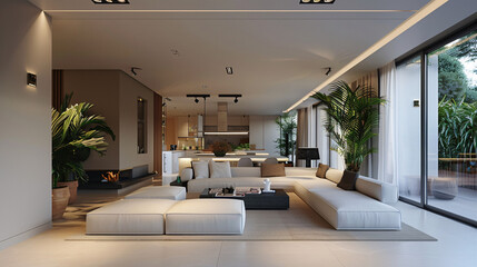 Fototapeta premium Spacious lounge area with a green plant, white sofa, and black lamp, contemporary design