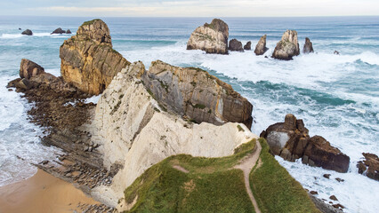 Aerial view, rock formations, sharp cliffs, Atlantic Ocean. Cantabria, Spain.