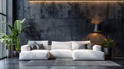 Spacious lounge area with a green plant, white sofa, and black lamp, contemporary design