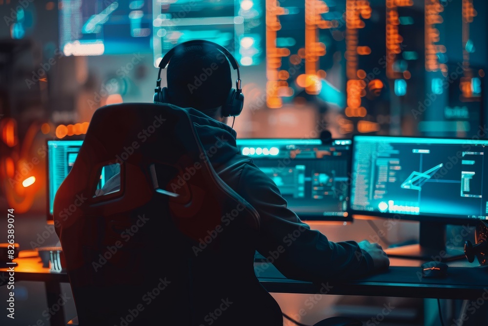 Poster professional at a hightech workstation with multiple screens oversees network security in a dimly li