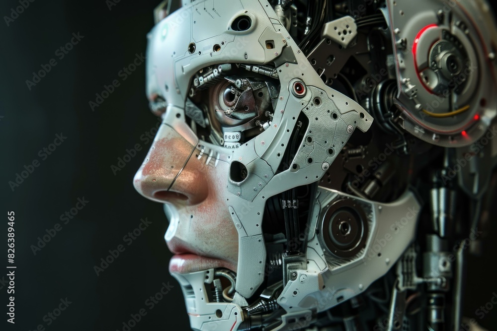 Poster closeup detailed view of futuristic humanoid robot with advanced artificial intelligence and precisi