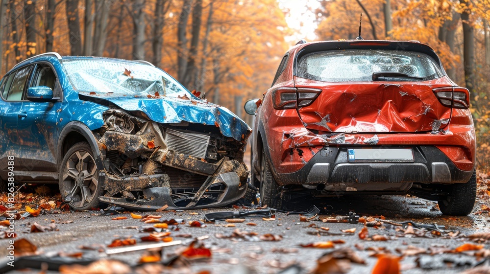 Poster craft a collision between two cars in a roundabout due to confusion over right of way.
