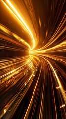 Abstract image of a train traveling at high speed, depicted with dynamic black and gold light trails and futuristic vibes