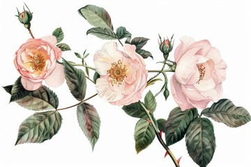 Detailed antique drawing of pink roses with leaves and buds on a white background