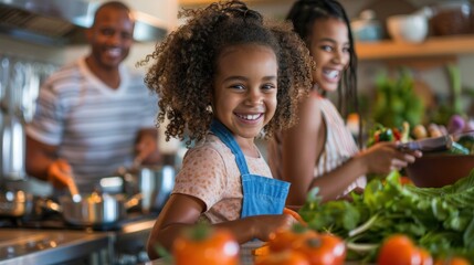 A lively family cooking session in a bright, modern kitchen, children helping with ingredients, parents guiding and everyone laughing, capturing the joy of cooking together