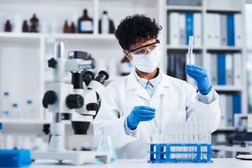 Science, test tube and woman in laboratory with face mask for investigation, research or antiaging testing. Biotechnology, cure and person with fluid sample for analysis, experiment or medical study