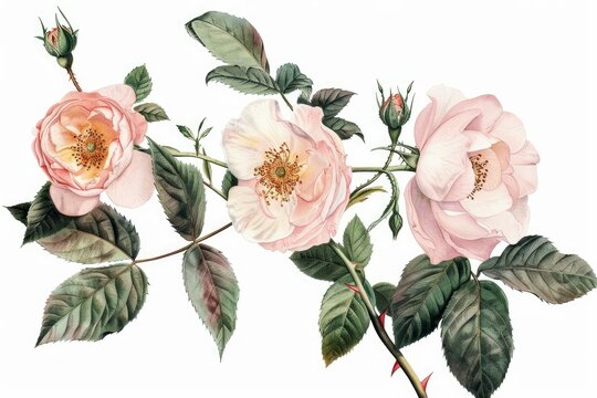 Detailed antique drawing of pink roses with leaves and buds on a white background
