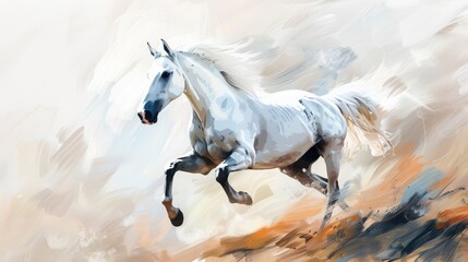 Fototapeta premium Expressive Painting of a White Horse Galloping Vigorously, Captured with Dynamic, Colorful Brush Strokes.