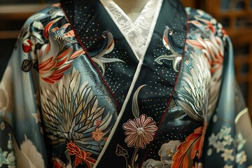A close-up of a kimono with intricate embroidery